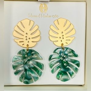 House Of Harlow 1960 Gold Tone & Green Resin Palm Tree Leaf Earrings NIB #106